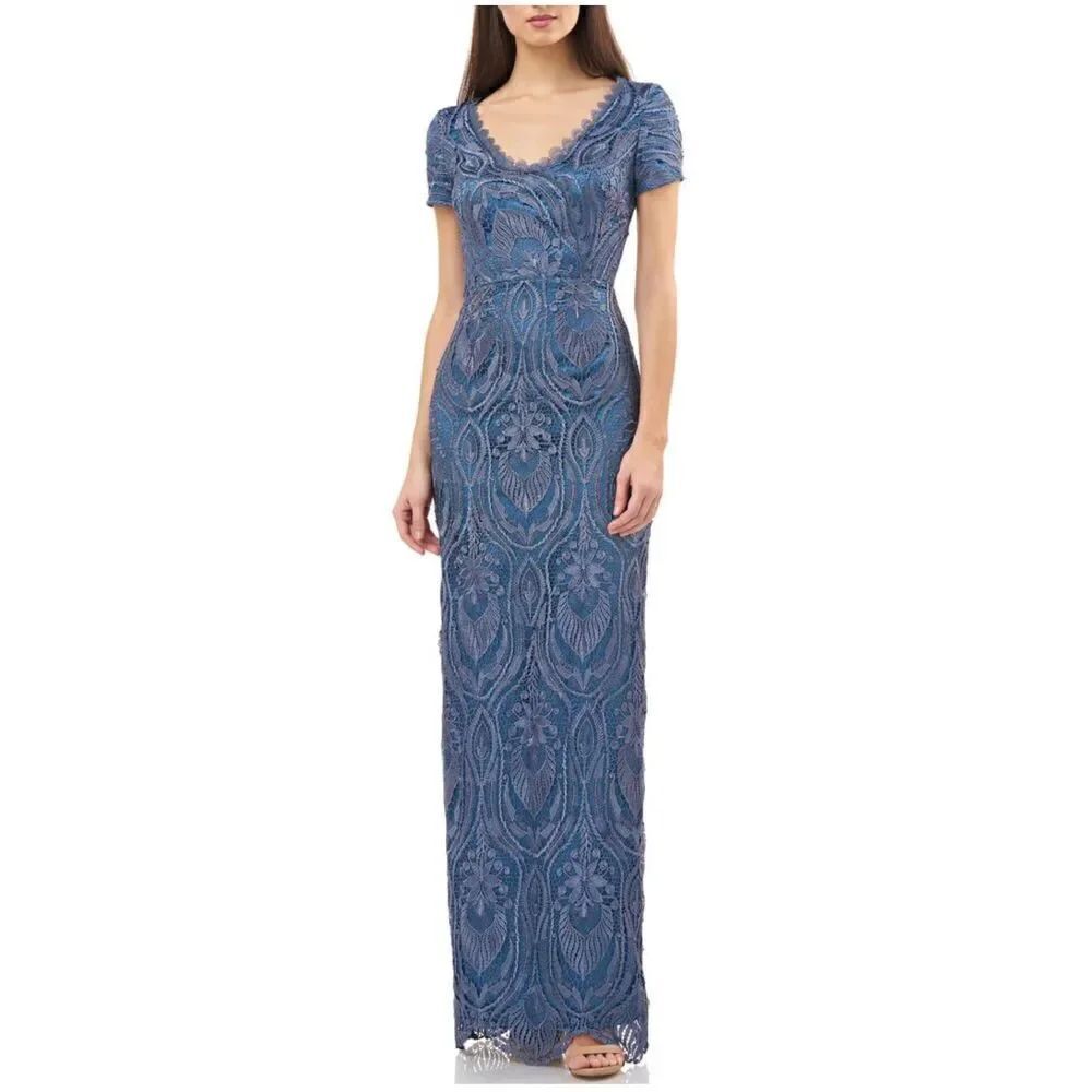 JS collections blue lace scalloped embroidered evening dress 8